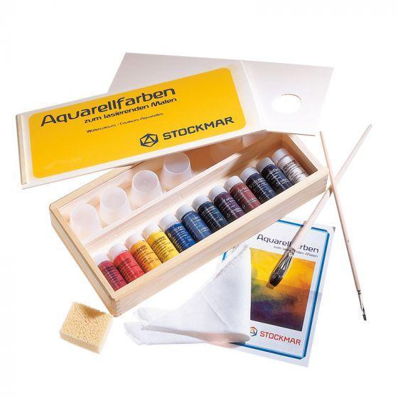 Stockmar Watercolor Paint 20 ml in Wooden Box w/ Accessories - 12 Assorted