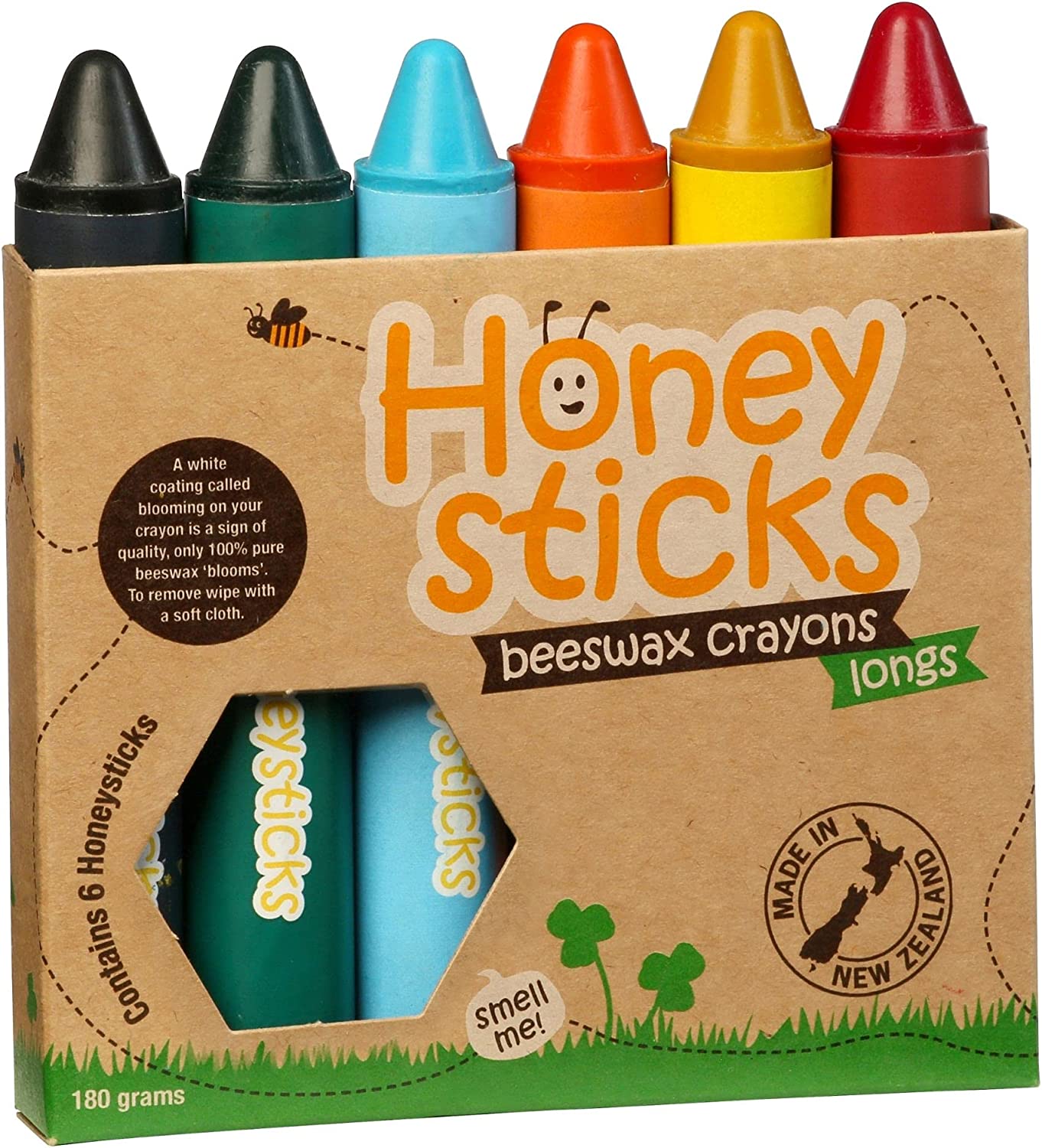 Honeysticks 100% Pure Beeswax Crayons (6 Pack, Longs) Natural, Non Toxic, Safe for Toddlers, Kids and Children, Handmade in New Ze